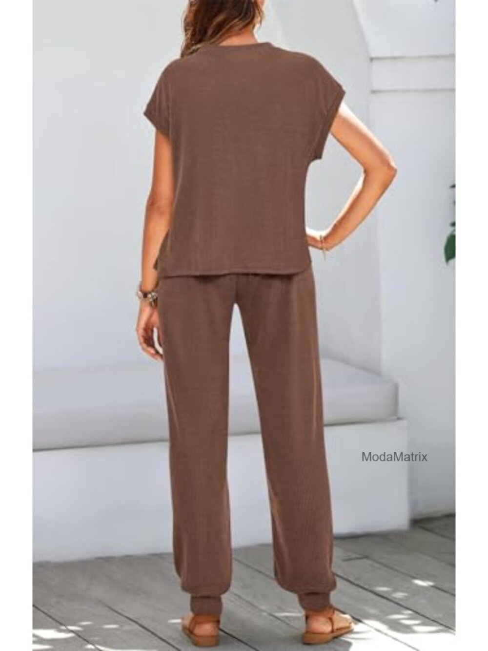 2 Piece Lounge Set Ribbed Knit Sweatsuit Track Pants W Pocket - Picture 4 of 6